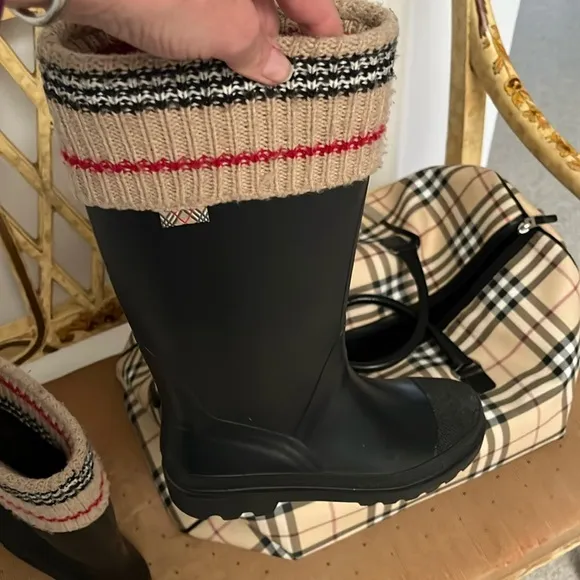 Burberry Knit Top Black and Cream Winter Rain Boots