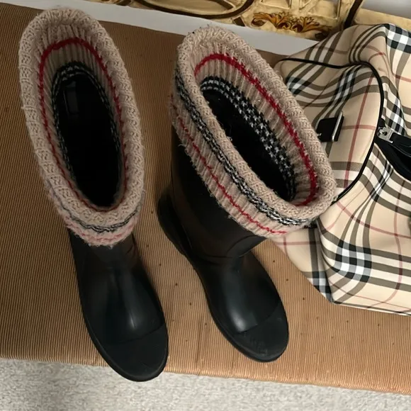 Burberry Knit Top Black and Cream Winter Rain Boots