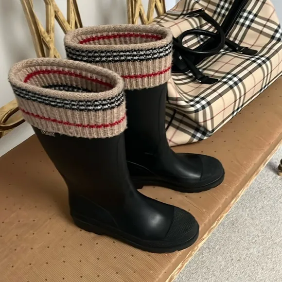 Burberry Knit Top Black and Cream Winter Rain Boots