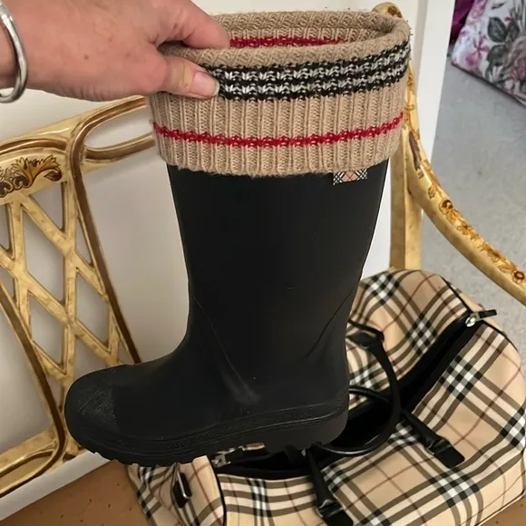 Burberry Knit Top Black and Cream Winter Rain Boots