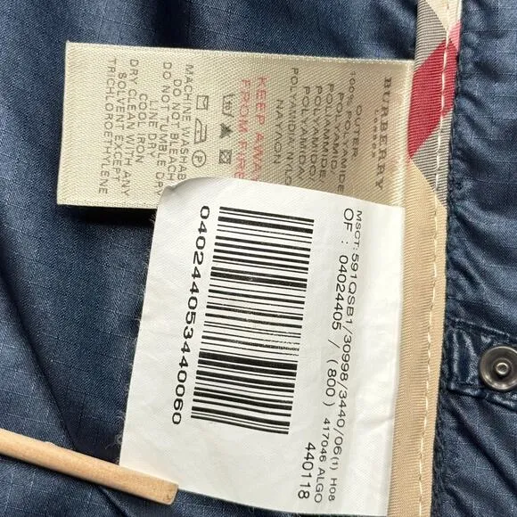 Burberry Windbreaker Kids Size 6 Navy Blue Glossy Polyamide Hooded Rain Jacket