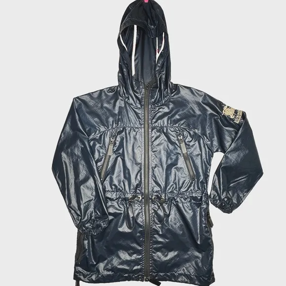 Burberry Windbreaker Kids Size 6 Navy Blue Glossy Polyamide Hooded Rain Jacket