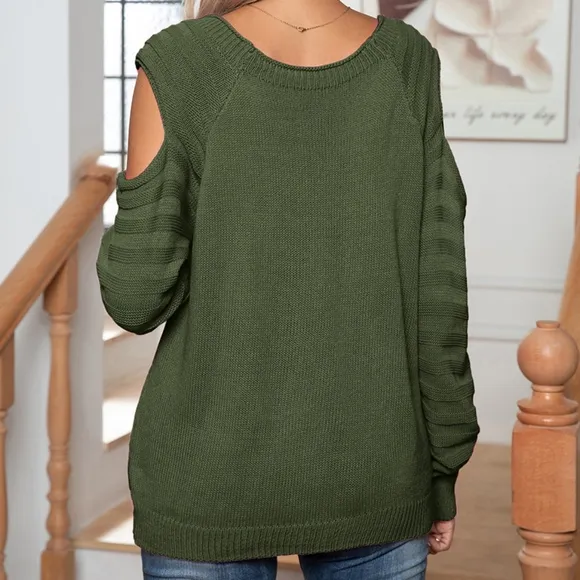 Buttoned Elegance Cold Shoulder Sweater - Green