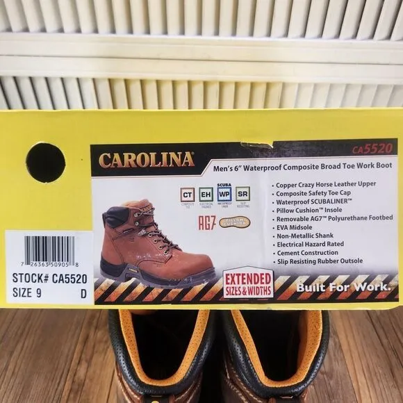 Carolina CA5520 6&quot; Waterproof Composite Broad Toe Work Boots Mens Size 9 D Brown