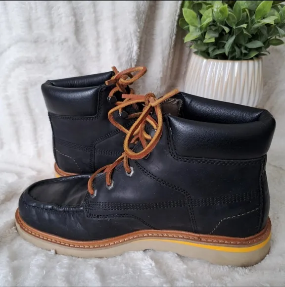 CAT Caterpillar Jackson Mid Top Black Leather Work Boots Lace Up Men 9 Wide