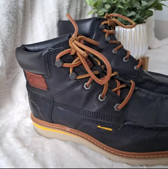 CAT Caterpillar Jackson Mid Top Black Leather Work Boots Lace Up Men 9 Wide