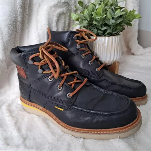 CAT Caterpillar Jackson Mid Top Black Leather Work Boots Lace Up Men 9 Wide