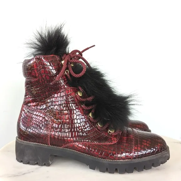 Cecelia New York Trekker Red Leather Croc Boots