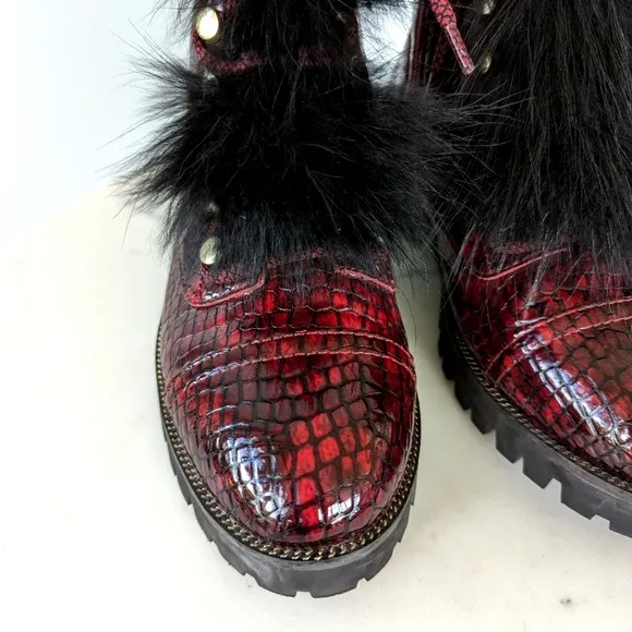 Cecelia New York Trekker Red Leather Croc Boots
