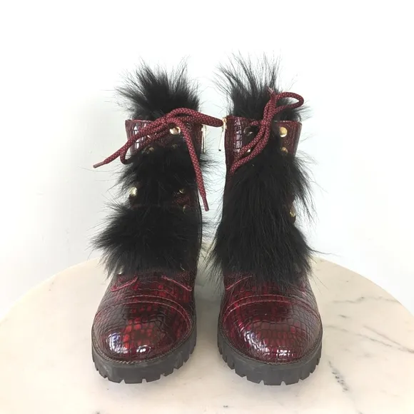 Cecelia New York Trekker Red Leather Croc Boots