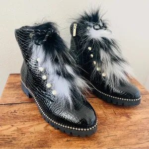 Cecelia New York Trekker Zip Up Boot - Black and White Fur