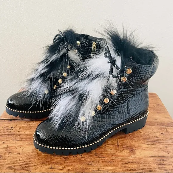 Cecelia New York Trekker Zip Up Boot - Black and White Fur