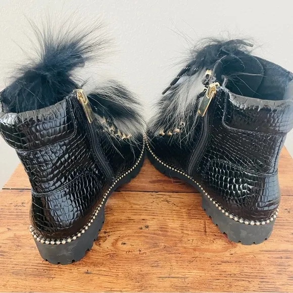 Cecelia New York Trekker Zip Up Boot - Black and White Fur