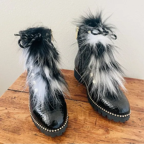 Cecelia New York Trekker Zip Up Boot - Black and White Fur