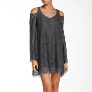 Chaser Vintage Lace Open Back Cold Shoulder Gray Mini Dress M