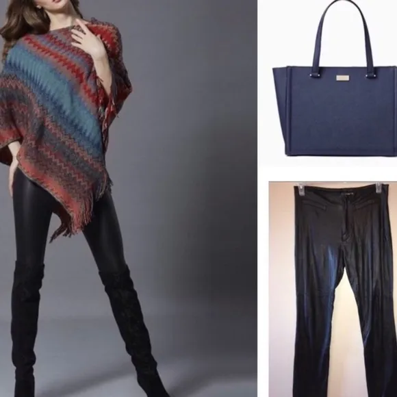 Chevron patterned stripe fringed poncho pullover sweater top fall winter spring