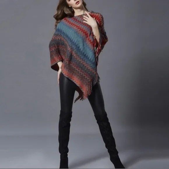 Chevron patterned stripe fringed poncho pullover sweater top fall winter spring