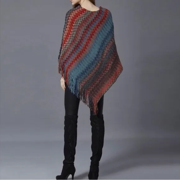 Chevron patterned stripe fringed poncho pullover sweater top fall winter spring