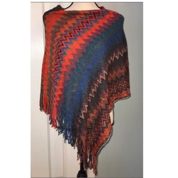 Chevron patterned stripe fringed poncho pullover sweater top fall winter spring