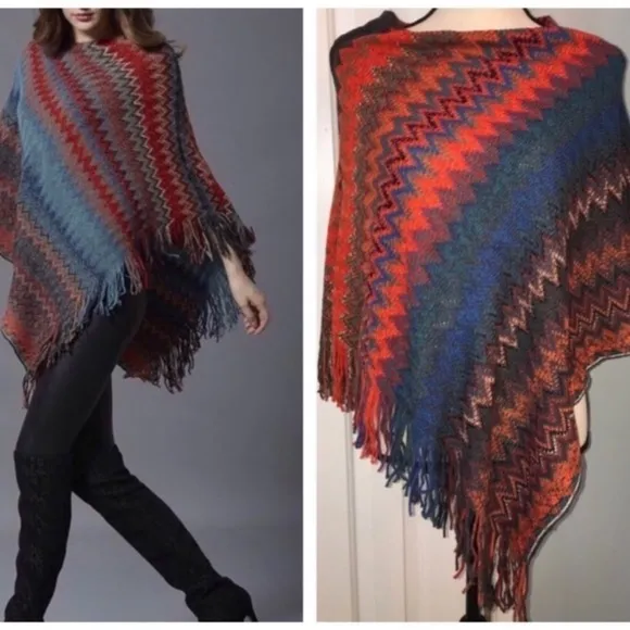 Chevron patterned stripe fringed poncho pullover sweater top fall winter spring