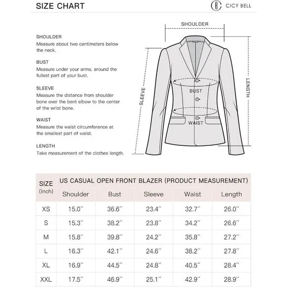 Cicy Bell Casual Blazers Women Black Open Front Long Sleeve Work Office Suit