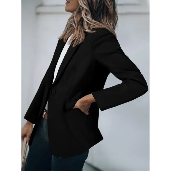 Cicy Bell Casual Blazers Women Black Open Front Long Sleeve Work Office Suit