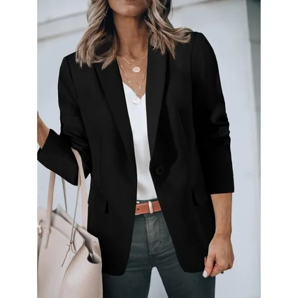 Cicy Bell Casual Blazers Women Black Open Front Long Sleeve Work Office Suit