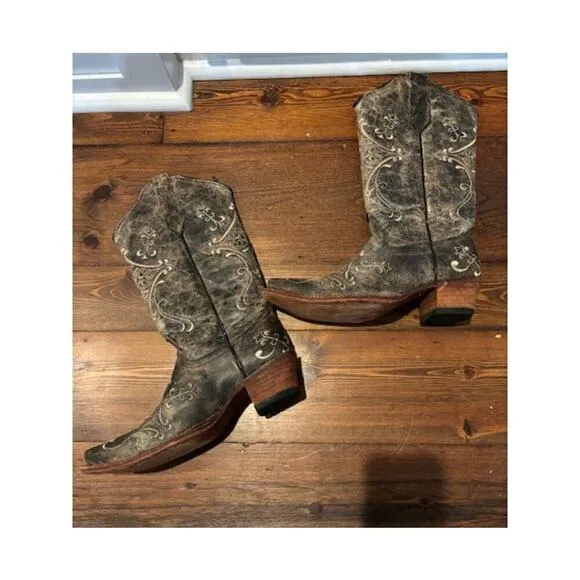 Circle G Embroidered Black Leather Snip-Toe Western Boots L5048 Women Size 7