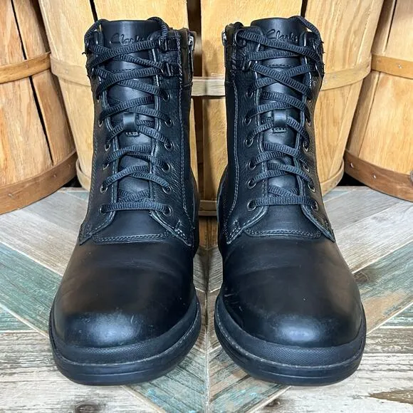 Clarks Black Leather Wool Fur Lined Waterproof Lace-Up Zip Snow Boots Mens 10