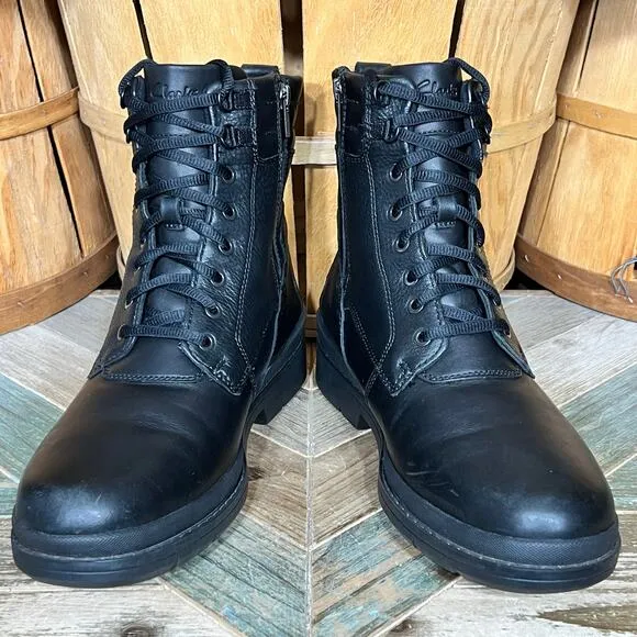 Clarks Black Leather Wool Fur Lined Waterproof Lace-Up Zip Snow Boots Mens 10