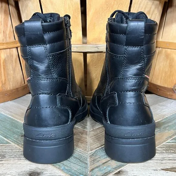 Clarks Black Leather Wool Fur Lined Waterproof Lace-Up Zip Snow Boots Mens 10
