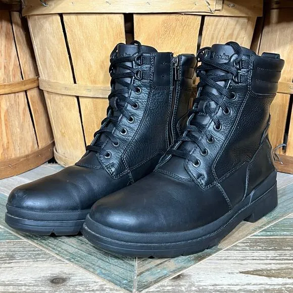 Clarks Black Leather Wool Fur Lined Waterproof Lace-Up Zip Snow Boots Mens 10