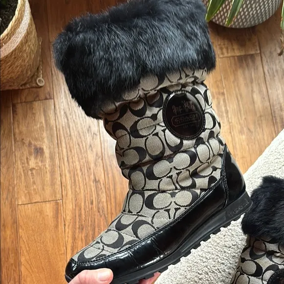 Coach Black Fur Trim Patterned Boots