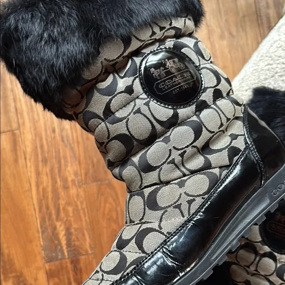 Coach Black Fur Trim Patterned Boots