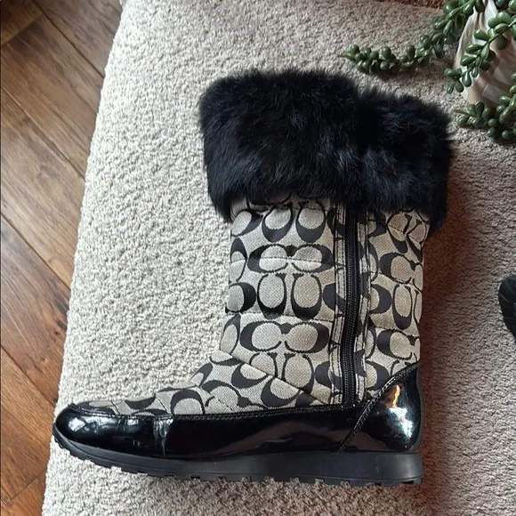 Coach Black Fur Trim Patterned Boots