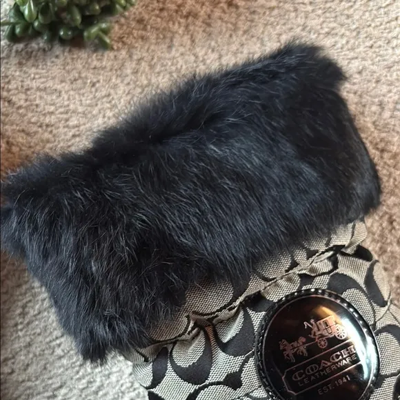 Coach Black Fur Trim Patterned Boots