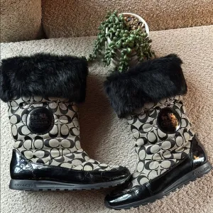 Coach Black Fur Trim Patterned Boots