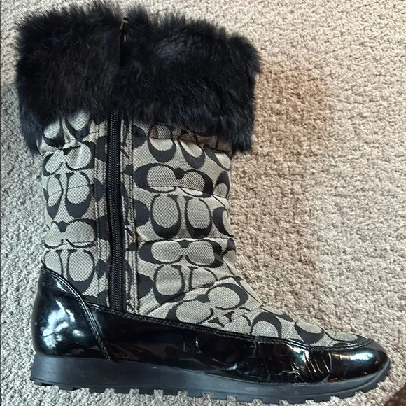 Coach Black Fur Trim Patterned Boots