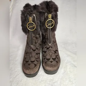 COACH brown swayed fur winter boots
