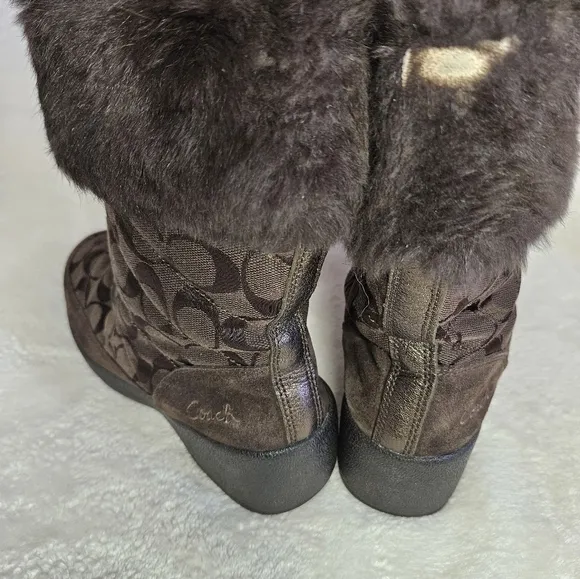 COACH brown swayed fur winter boots