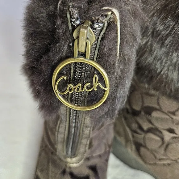 COACH brown swayed fur winter boots