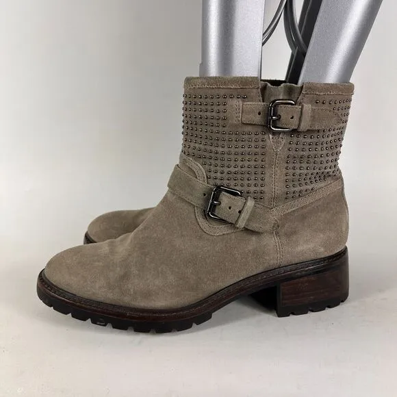 Coach Gates women's size 7.5 grey taupe suede bronze stud ankle moto booties