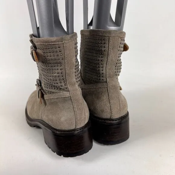 Coach Gates women's size 7.5 grey taupe suede bronze stud ankle moto booties