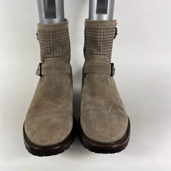 Coach Gates women's size 7.5 grey taupe suede bronze stud ankle moto booties