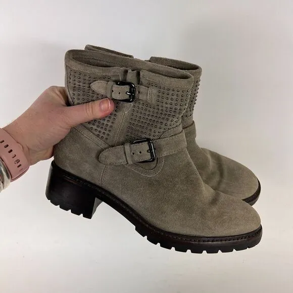 Coach Gates women's size 7.5 grey taupe suede bronze stud ankle moto booties
