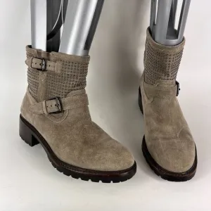 Coach Gates women's size 7.5 grey taupe suede bronze stud ankle moto booties