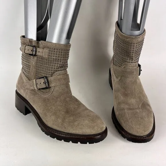 Coach Gates women's size 7.5 grey taupe suede bronze stud ankle moto booties