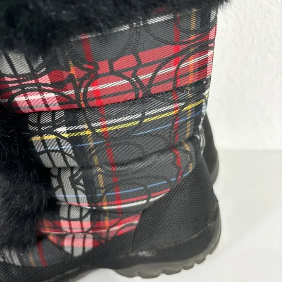 Coach Jennie Rabbit Fur Trim Lace Up Boots Red Plaid Size 6B 6