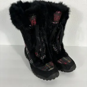 Coach Jennie Rabbit Fur Trim Lace Up Boots Red Plaid Size 6B 6