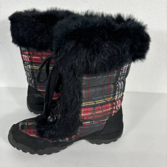 Coach Jennie Rabbit Fur Trim Lace Up Boots Red Plaid Size 6B 6